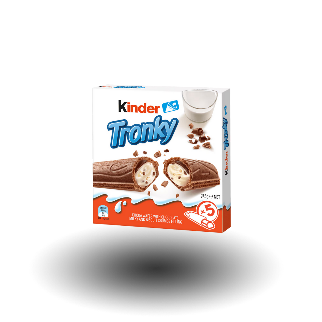 Kinder Tronky 90g – Knuspriges Waffelröllchen mit zarter Haselnuss-Kakao-Creme. Perfekter Snack für unterwegs oder zwischendurch.