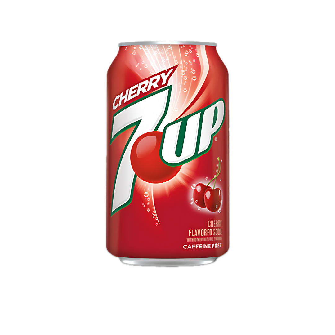 Ein Bild der 7up Cherry Soda 355 ml Dose. Die Dose ist in leuchtenden Rot- und Grüntönen gehalten und zeigt Kirschen und spritzige Blasen.