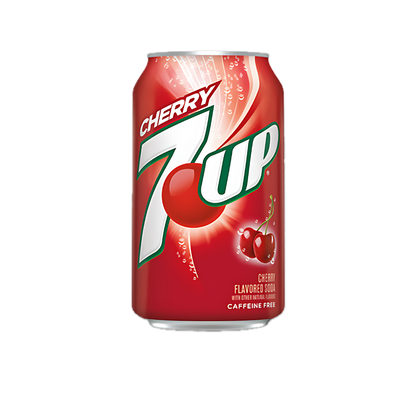 Ein Bild der 7up Cherry Soda 355 ml Dose. Die Dose ist in leuchtenden Rot- und Grüntönen gehalten und zeigt Kirschen und spritzige Blasen.