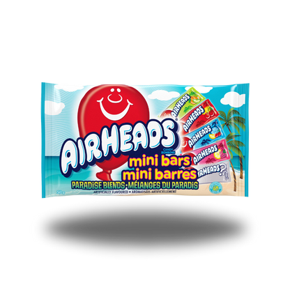 Ein Bild der Airheads Mini Bars Paradise Blends 340g Verpackung. Die Packung zeigt bunte Mini-Riegel in verschiedenen tropischen Geschmacksrichtungen.