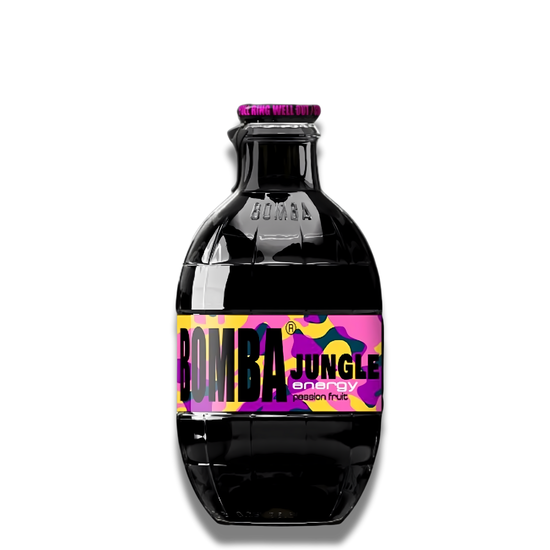 Bomba Energy Drink "Jungle" mit Passionsfruchtgeschmack, die schwarze Flasche hat einen Flascheninhalt von 250ml. Diese findest du in unserem Online-Candyshop