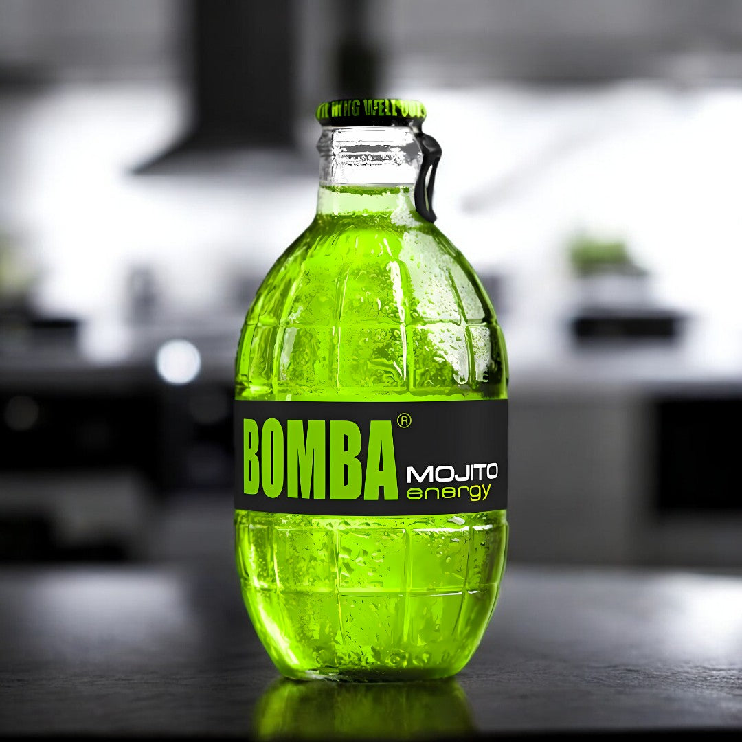 Bomba Mojito Energy mit einem Glasflascheninhalt von 250ml. Der Energydrink hat eine grüne Farbe.