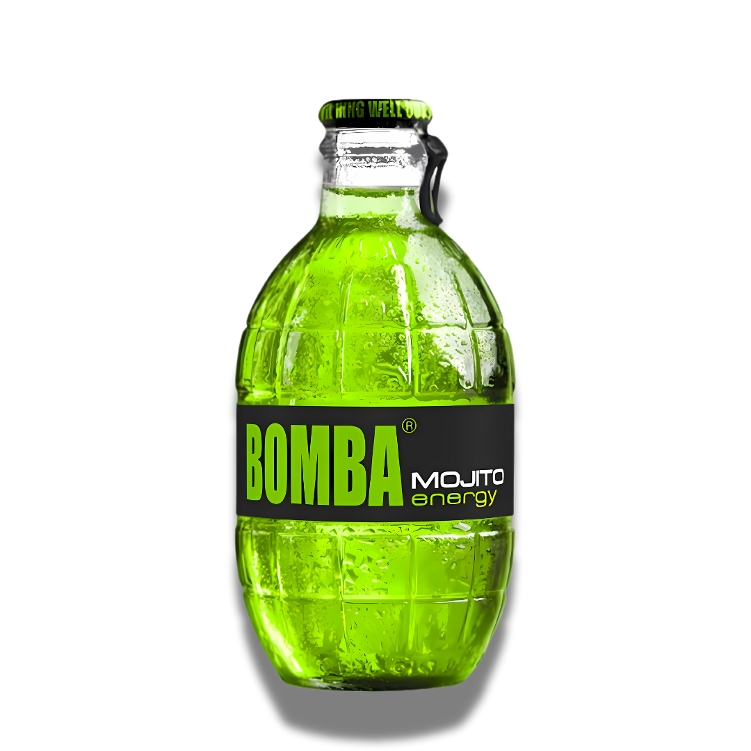 Bomba Mojito Energy mit einem Glasflascheninhalt von 250ml. Der Energydrink hat eine grüne Farbe.