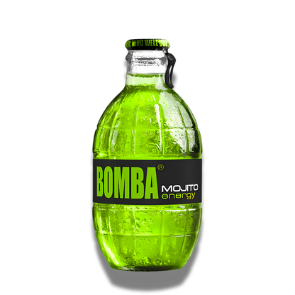 Bomba Mojito Energy mit einem Glasflascheninhalt von 250ml. Der Energydrink hat eine grüne Farbe.