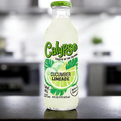 Calypso Cucumber Lemonade glasflasche mit einer leichten grünen Farbe, 473ml Inhalt.