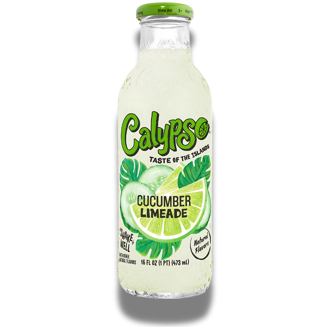 Calypso Cucumber Lemonade glasflasche mit einer leichten grünen Farbe, 473ml Inhalt.