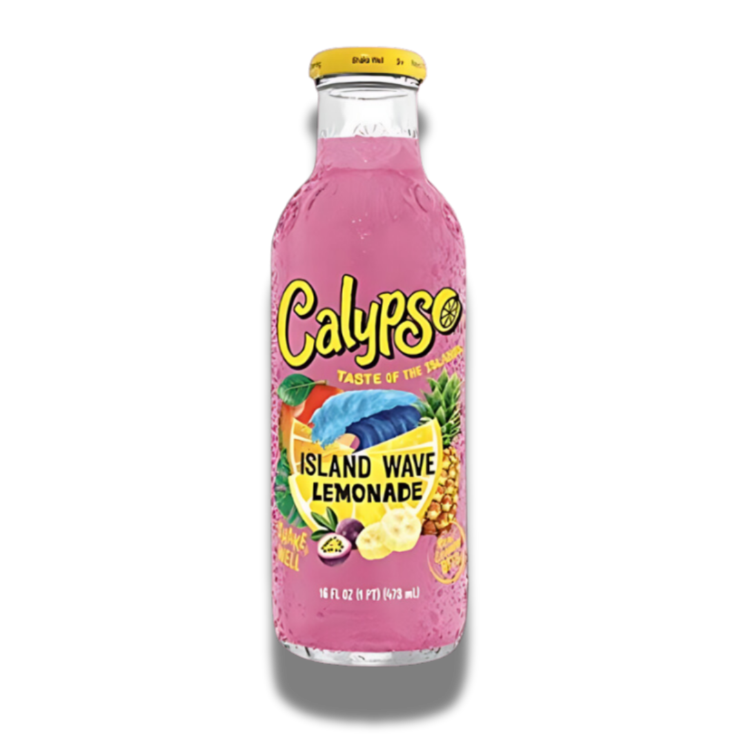 Calypso Island Wave Lemonade glasflasche mit einer knalligen pinken Farbe, 473ml Inhalt.