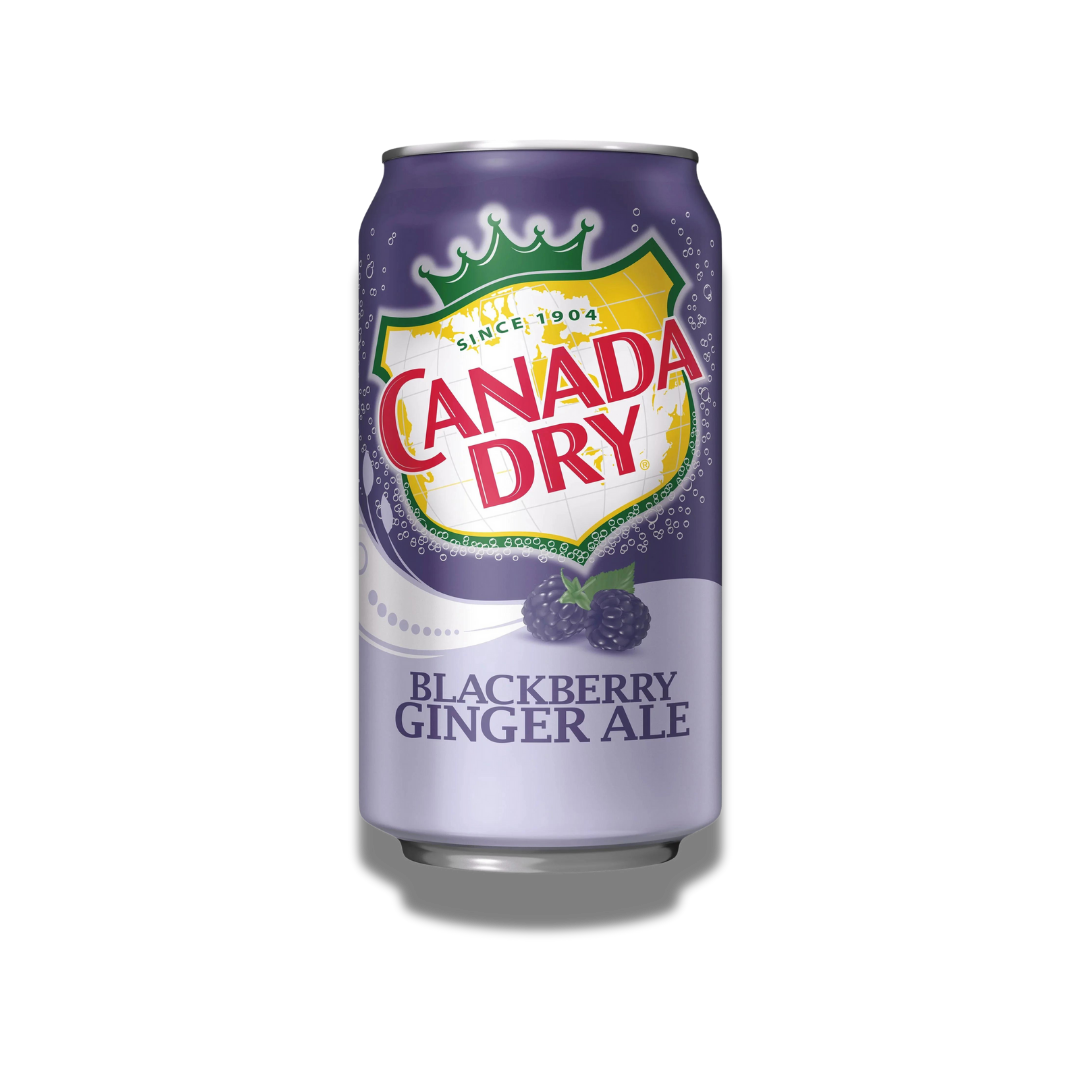 Ein Bild der Canada Dry Brombeere Ginger Ale 355ml Dose. Die Dose zeigt eine lila Brombeere und die charakteristische Canada Dry Gestaltung.