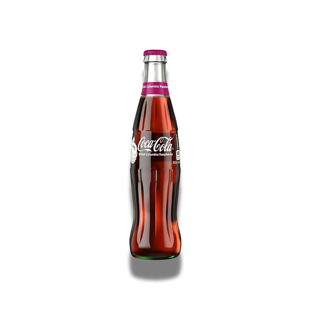 Ein Bild der Coca Cola British Columbia Raspberry 355ml Dose. Die Glasflasche ist in klassischen Rot- und Weißtönen gehalten, mit einem Himbeer-Design, das die fruchtige Note hervorhebt.