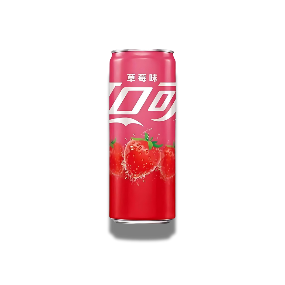 Eine 330ml Dose der Coca Cola Strawberry China, beide in Rot- und Weißtönen gestaltet, mit einem Erdbeer-Design, das den fruchtigen Geschmack hervorhebt.