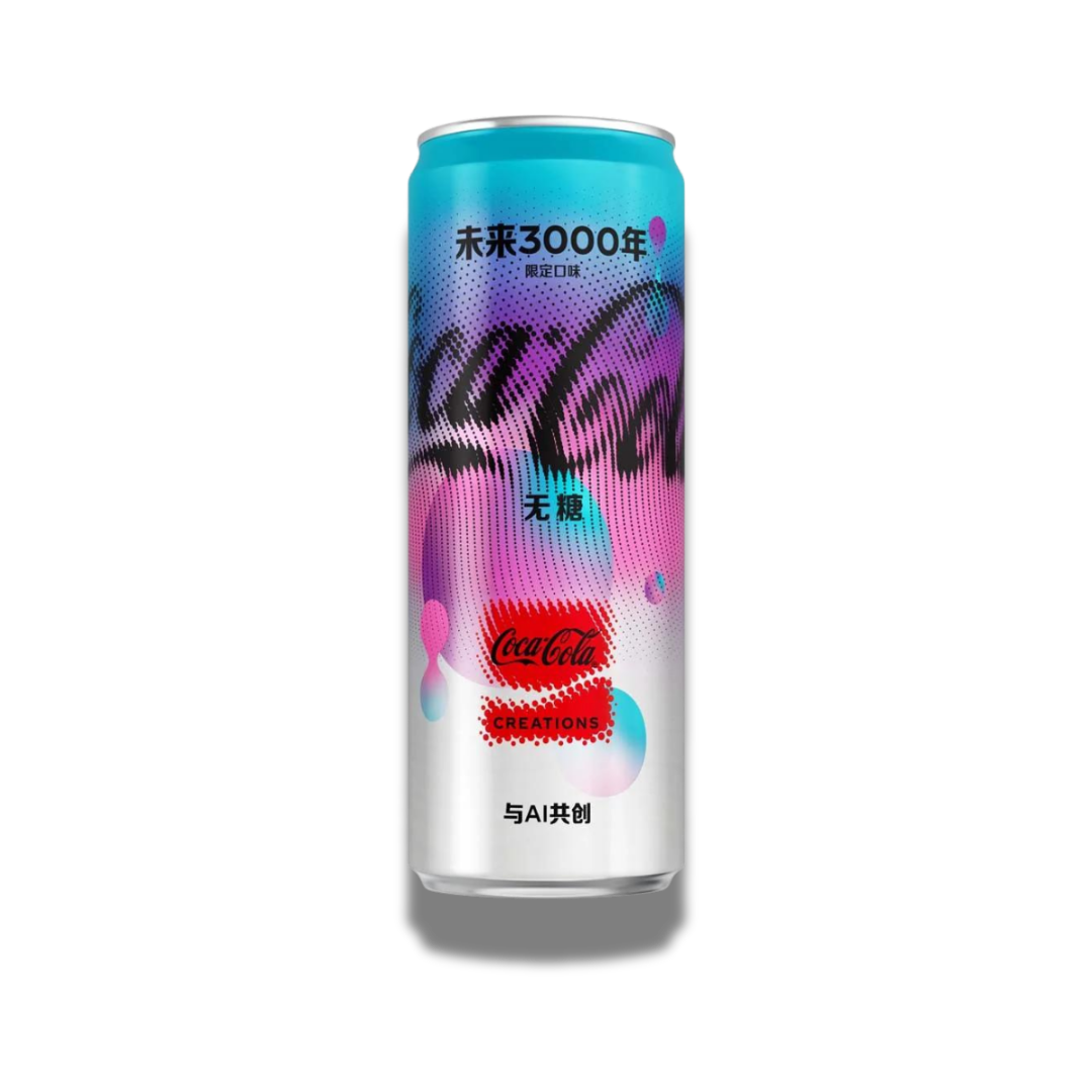 Eine 330ml Dose der Coca Cola Year 3000 Creations Limited Edition aus China, gestaltet in futuristischen Farben und Designs, die an die Zukunft des Jahres 3000 erinnern.