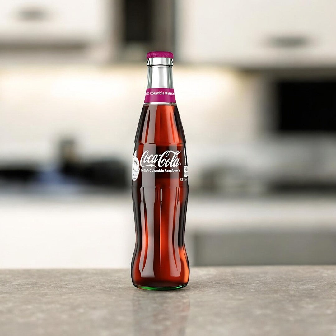 Ein Bild der Coca Cola British Columbia Raspberry 355ml Dose. Die Glasflasche ist in klassischen Rot- und Weißtönen gehalten, mit einem Himbeer-Design, das die fruchtige Note hervorhebt.