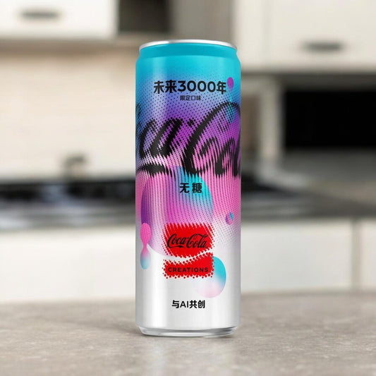 Eine 330ml Dose der Coca Cola Year 3000 Creations Limited Edition aus China, gestaltet in futuristischen Farben und Designs, die an die Zukunft des Jahres 3000 erinnern.