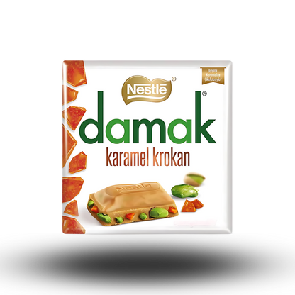 Damak Karamel Krokan 60g  Milchschokolade vereint mit knusprigen Karamellstückchen und knackigen Nüssen