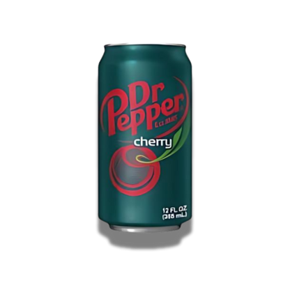 Eine 355ml Dose Dr. Pepper Cherry, gestaltet in kräftigem Rot mit Kirschen als Dekoration, die die fruchtige Note des Getränks betonen.