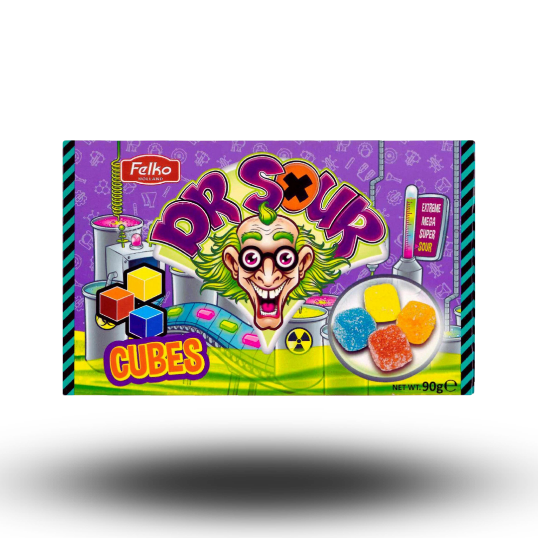 Dr. Sour Cubes 90g  die bunten Fruchtgummis in vier fruchtigen Geschmacksrichtungen, die dich garantiert umhauen werden! Diese sauren Würfel vereinen die perfekte Mischung aus süßer Frucht und saurer Explosion in jedem Bissen.