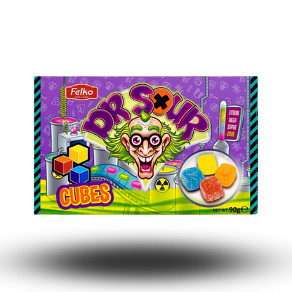 Dr. Sour Cubes 90g  die bunten Fruchtgummis in vier fruchtigen Geschmacksrichtungen, die dich garantiert umhauen werden! Diese sauren Würfel vereinen die perfekte Mischung aus süßer Frucht und saurer Explosion in jedem Bissen.