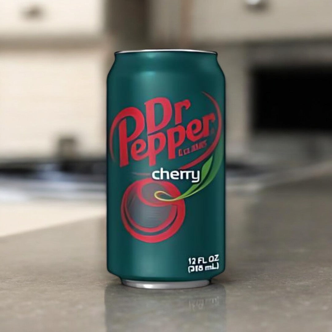 Eine 355ml Dose Dr. Pepper Cherry, gestaltet in kräftigem Rot mit Kirschen als Dekoration, die die fruchtige Note des Getränks betonen.