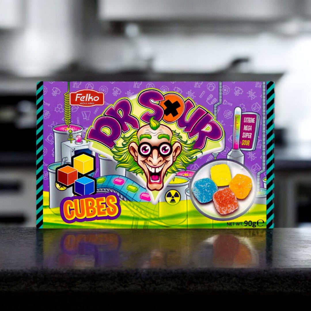 Dr. Sour Cubes 90g  die bunten Fruchtgummis in vier fruchtigen Geschmacksrichtungen, die dich garantiert umhauen werden! Diese sauren Würfel vereinen die perfekte Mischung aus süßer Frucht und saurer Explosion in jedem Bissen.