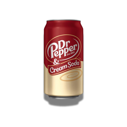 Eine 355ml Dose Dr Pepper Cream Soda, gestaltet in den typischen Farben Rot und Creme, die die cremige Note der Soda unterstreichen.