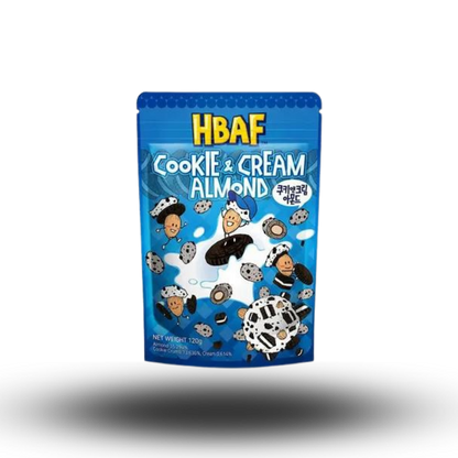 Hbaf Cookie & Cream 120g  Die perfekte Kombination aus knusprigen Mandeln und cremiger Cookie-Creme! Diese knusprigen Mandeln werden mit einer zartschmelzenden Cookie-Creme veredelt, die mit echten Keksstückchen verfeinert ist. Jeder Biss ist ein Feuerwerk an Geschmack, der euch an die leckerste Cookies erinnern wird, die ihr je gegessen habt.