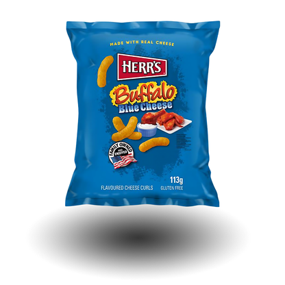 Herr's Buffalo Blue Cheese Chips 113g Packung, eine würzige Kombination aus Buffalo-Wings und Blauschimmelkäse.