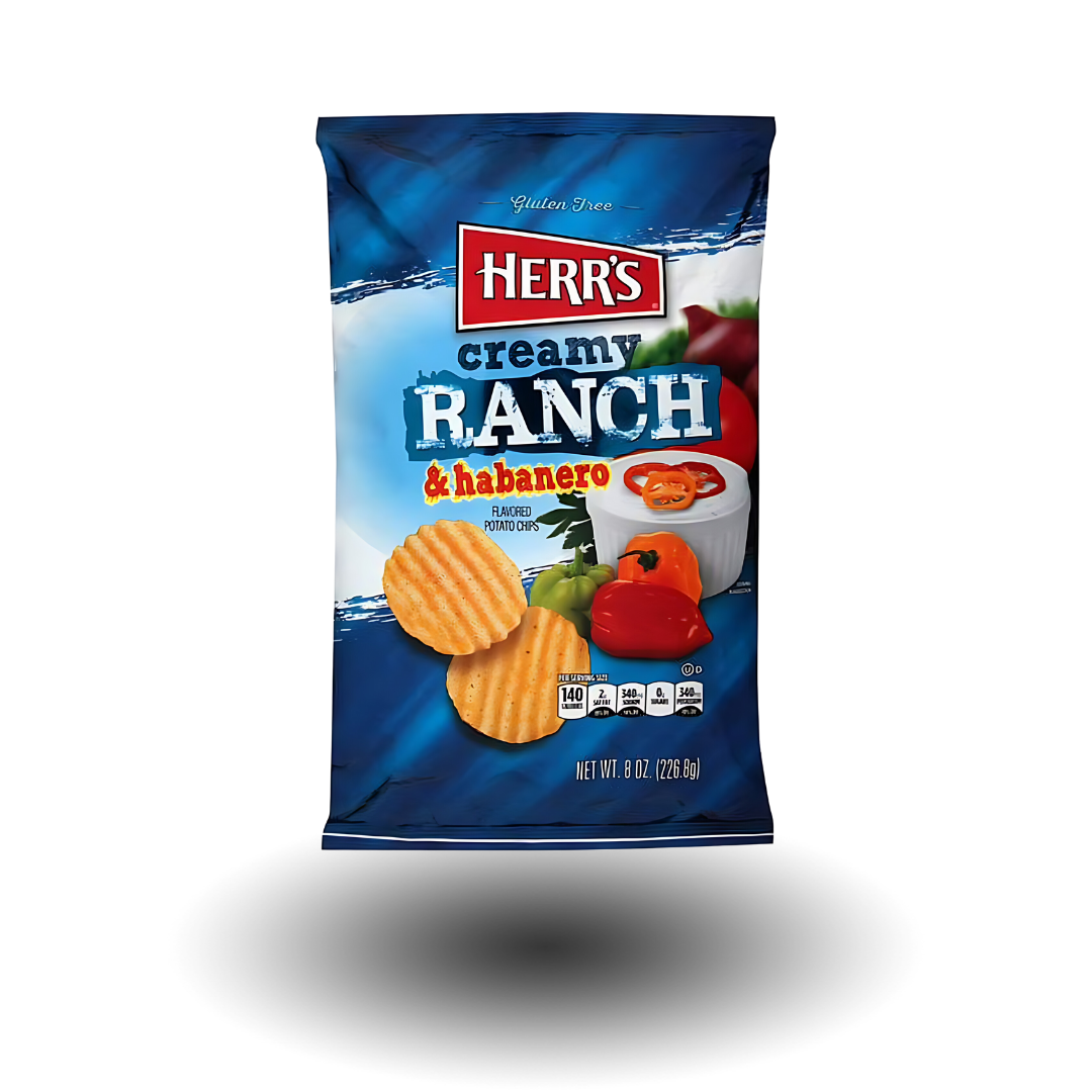 Herr's Creamy Ranch Habanero Chips 170g Packung, eine scharfe Kombination aus Ranch-Dressing und Habanero-Chilis.