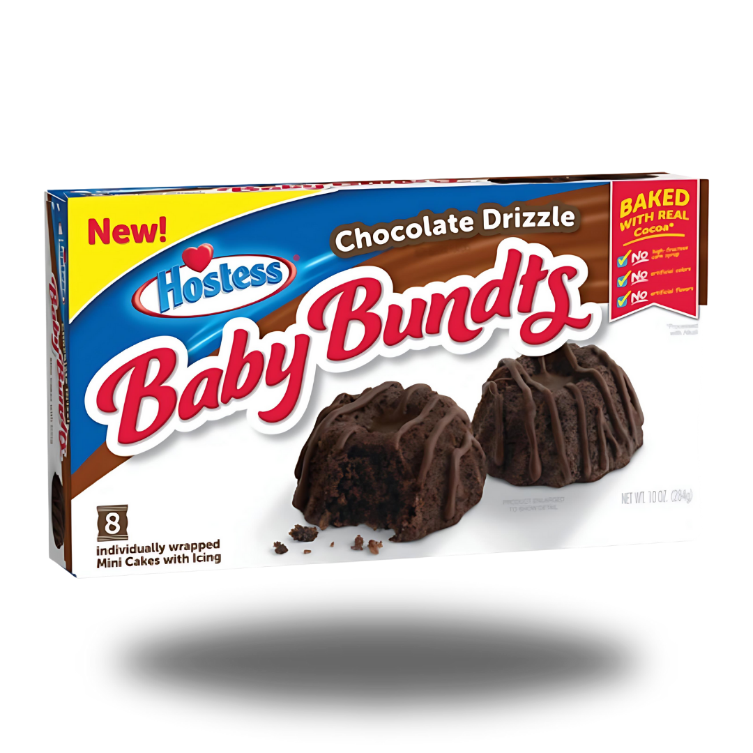 Hostess Baby Bundts Chocolate Drizzel 284g, saftige Mini-Kuchen mit zarter Schokoladenglasur, perfekt für Schokoladenliebhaber und als süßer Snack zwischendurch.