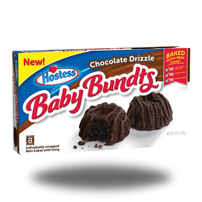 Hostess Baby Bundts Chocolate Drizzel 284g, saftige Mini-Kuchen mit zarter Schokoladenglasur, perfekt für Schokoladenliebhaber und als süßer Snack zwischendurch.