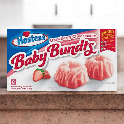 Hostess Babybundt Strawberry 284g, zarte Mini-Bundt-Kuchen mit fruchtigem Erdbeeraroma, perfekt als süßer Snack oder Dessert.