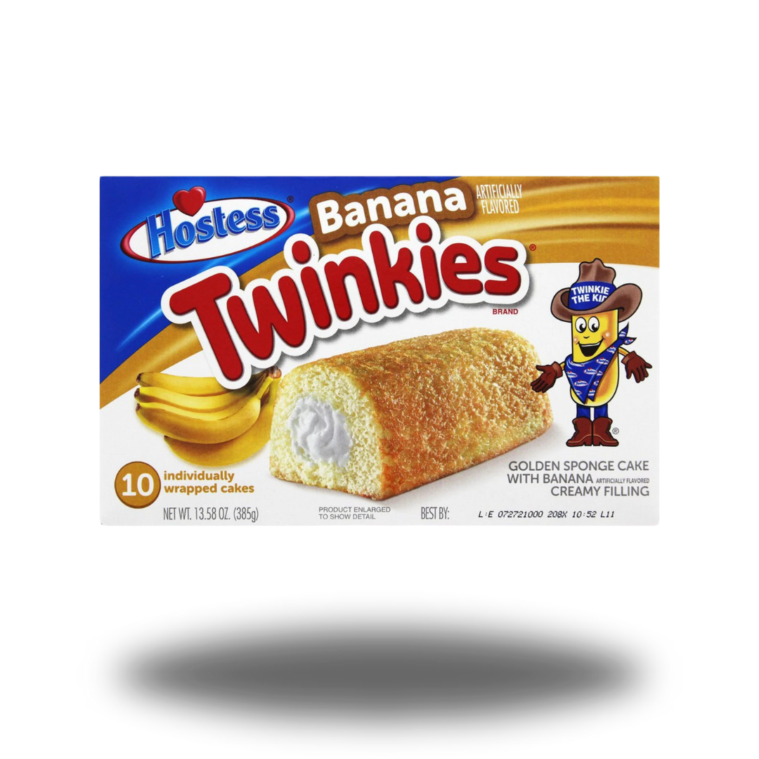 Hostess Banana Twinkies 385g, weiche Biskuitkuchen gefüllt mit cremiger Bananenfüllung, ideal als süßer Snack oder Dessert.