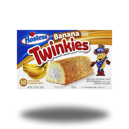 Hostess Banana Twinkies 385g, weiche Biskuitkuchen gefüllt mit cremiger Bananenfüllung, ideal als süßer Snack oder Dessert.