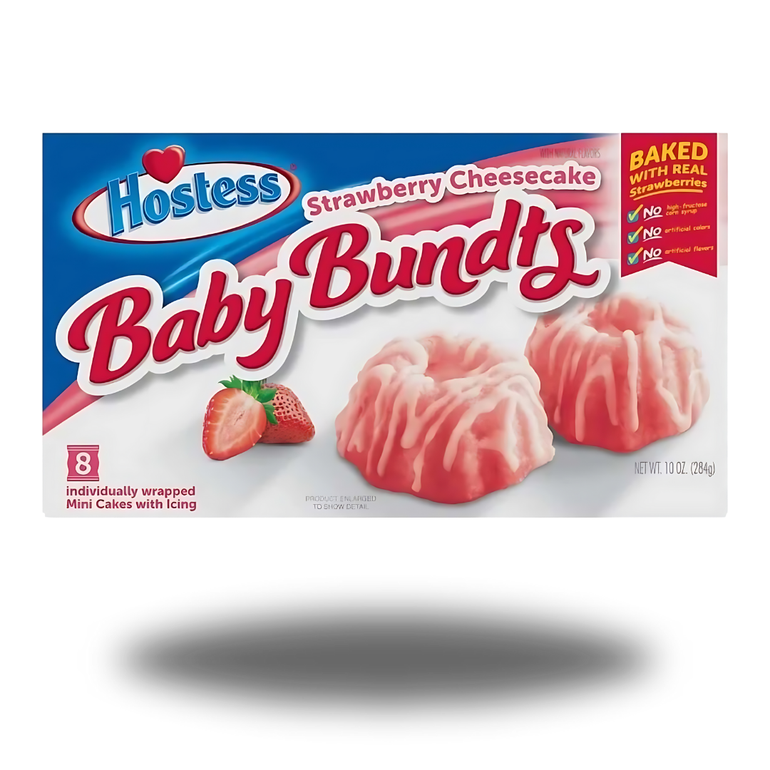 Hostess Babybundt Strawberry 284g, zarte Mini-Bundt-Kuchen mit fruchtigem Erdbeeraroma, perfekt als süßer Snack oder Dessert.