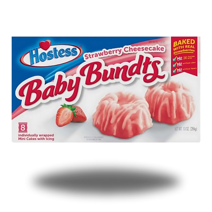 Hostess Babybundt Strawberry 284g, zarte Mini-Bundt-Kuchen mit fruchtigem Erdbeeraroma, perfekt als süßer Snack oder Dessert.