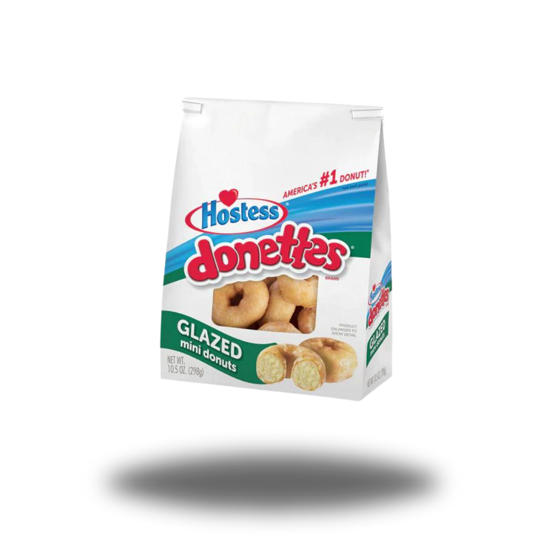 Hostess Donettes Glazed 298g, kleine, ringförmige Donuts mit süßer Glasur, ideal für Frühstück oder Snack.