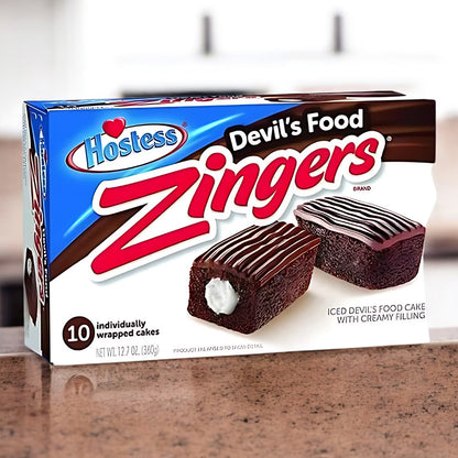 Hostess Zinger Chocolate 380g, schokoladenüberzogene Kuchenstücke mit cremiger Füllung und Kokosnussflocken.