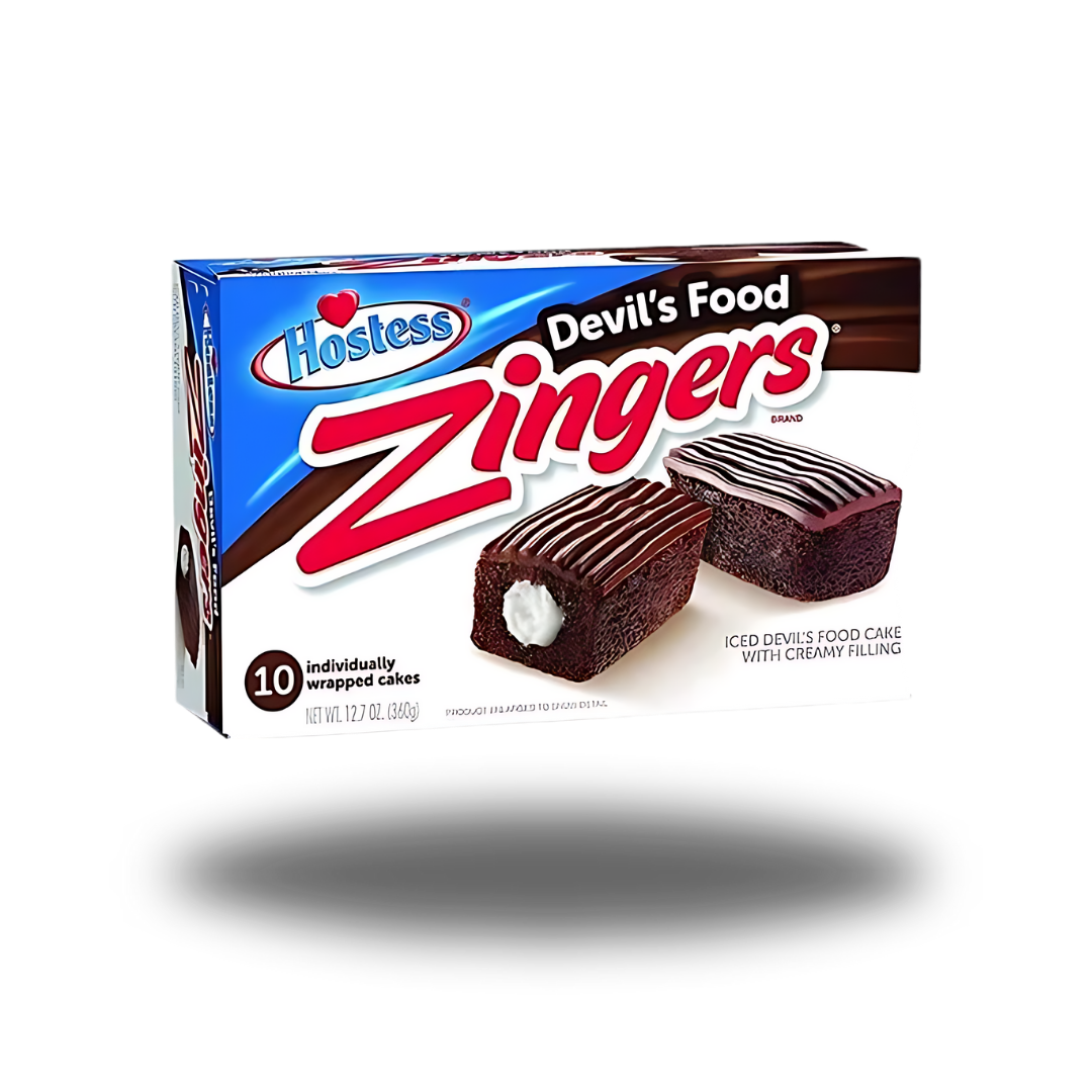 Hostess Zinger Chocolate 380g, schokoladenüberzogene Kuchenstücke mit cremiger Füllung und Kokosnussflocken.