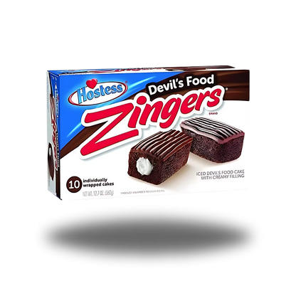 Hostess Zinger Chocolate 380g, schokoladenüberzogene Kuchenstücke mit cremiger Füllung und Kokosnussflocken.