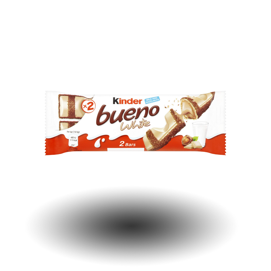 Kinder Bueno White 39g Riegel mit weißer Schokolade, knuspriger Waffel und cremiger Milch-Haselnuss-Füllung – perfekter Genuss für unterwegs.