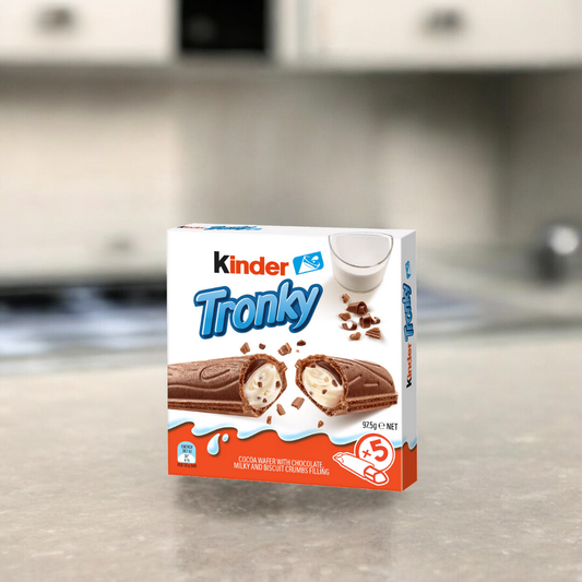 Kinder Tronky 90g – Knuspriges Waffelröllchen mit zarter Haselnuss-Kakao-Creme. Perfekter Snack für unterwegs oder zwischendurch.