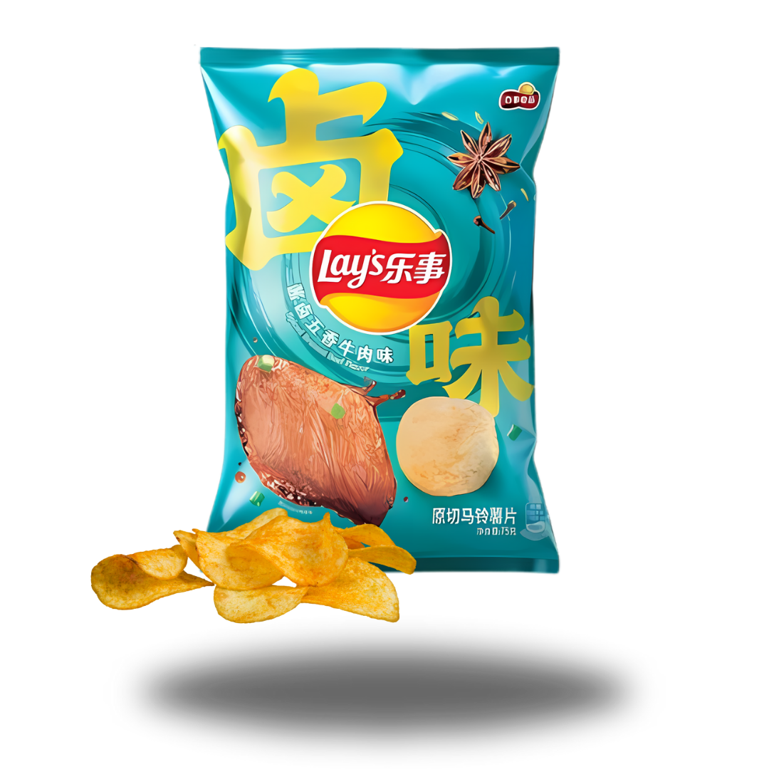 Lay's Spicy Braised Beef Asia 70g, knusprige Chips mit würzigem, geschmortem Rindfleischaroma.