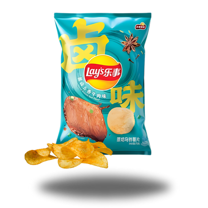 Lay's Spicy Braised Beef Asia 70g, knusprige Chips mit würzigem, geschmortem Rindfleischaroma.