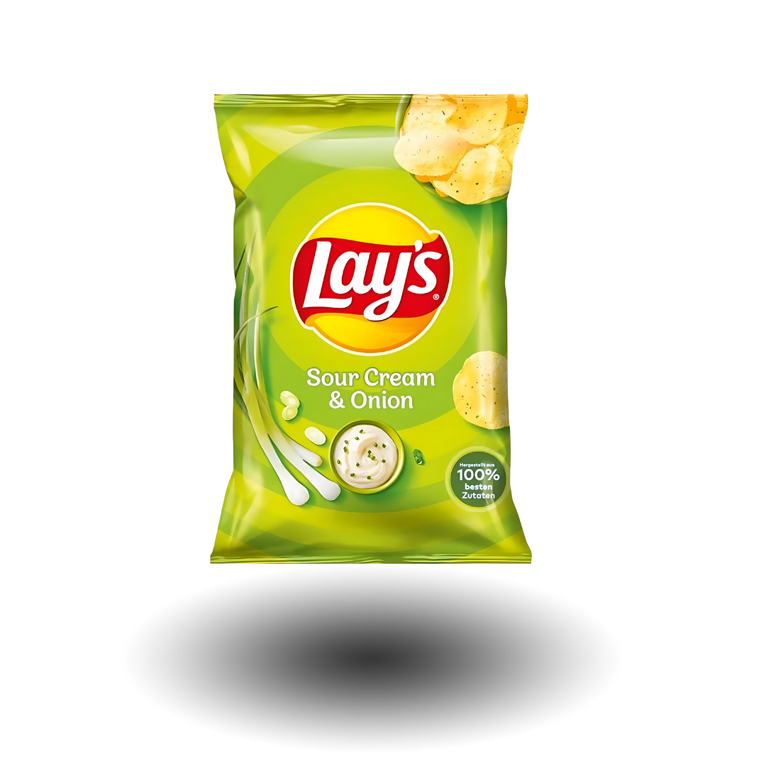 Lay's Sour Cream & Onion Chips 150g Packung, knusprige Kartoffelchips mit cremig-würzigem Geschmack.