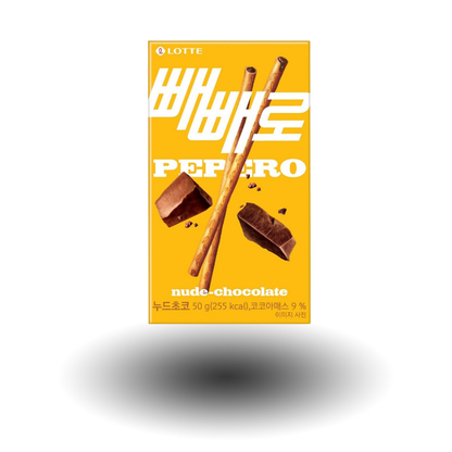 Lotte Pepero Nude Chocolate 37g Packung, knusprige Schokoladen-Sticks mit zartschmelzender Nude Chocolate.