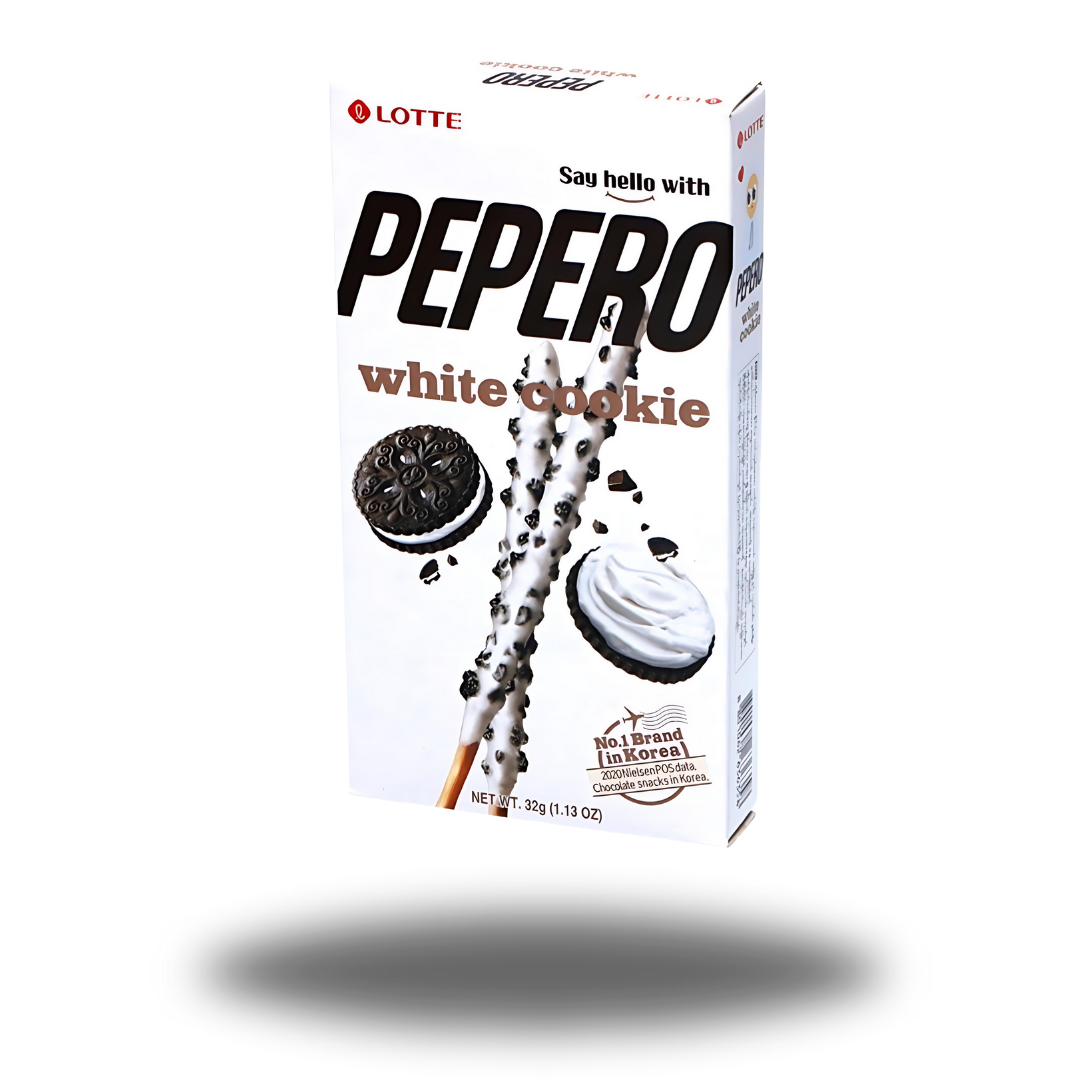 Lotte Pepero White Cookies Sticks 37g, Kekssticks in weißer Schokolade mit knusprigen Keksstückchen.