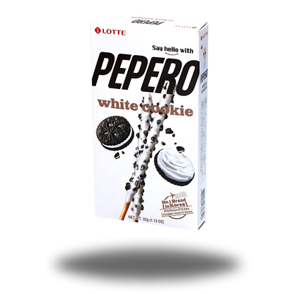 Lotte Pepero White Cookies Sticks 37g, Kekssticks in weißer Schokolade mit knusprigen Keksstückchen.