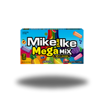 Bunte Packung Mike and Ike Mega Mix 141g, gefüllt mit verschiedenfarbigen, ovalen Fruchtbonbons in zehn aufregenden Geschmacksrichtungen.