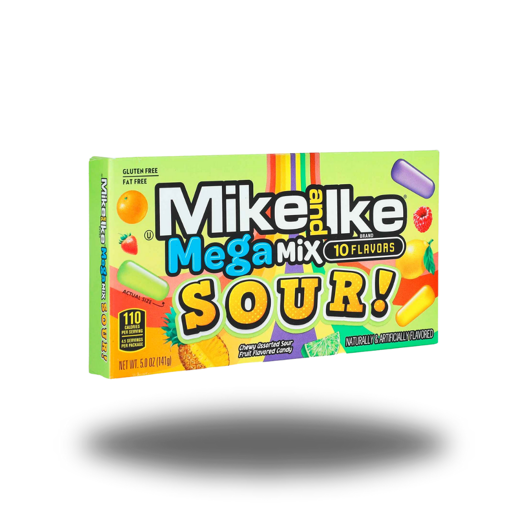 Mike and Ike Mega Mix SOUR 141g, kaubare Bonbons mit intensiven, sauren Fruchtgeschmacksrichtungen.