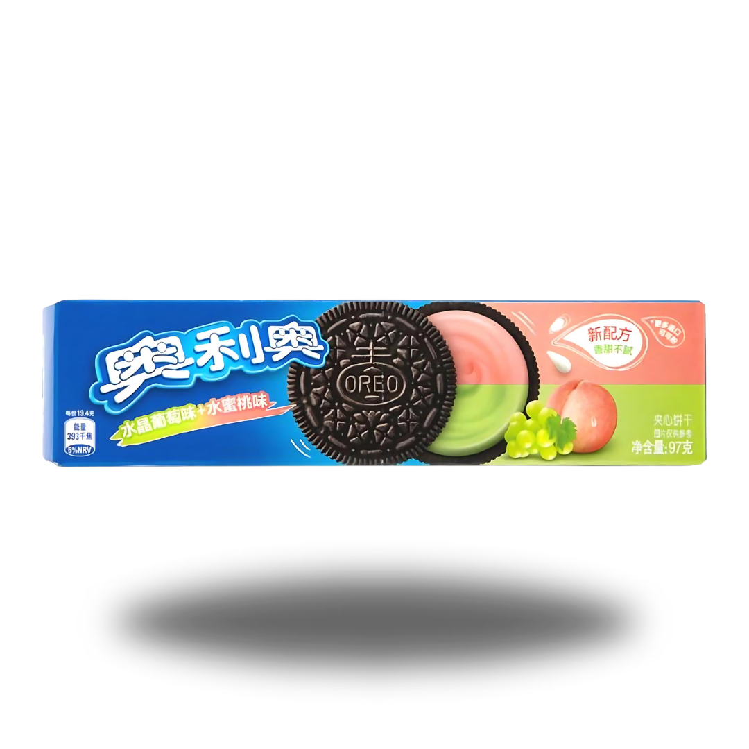 Oreo Crystal Grape & Peach China 97g – Oreos mit fruchtigem Trauben- und Pfirsichgeschmack, perfekt für einen süßen Snack-Moment.