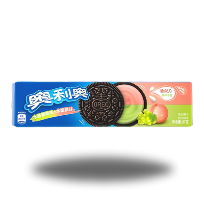 Oreo Crystal Grape & Peach China 97g – Oreos mit fruchtigem Trauben- und Pfirsichgeschmack, perfekt für einen süßen Snack-Moment.